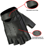 Glove-64 Fingerless Perforated Leather Motorcycle Gloves Front Details View