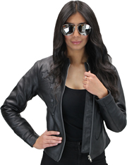 LC180 Women's Motorcycle Leather Short Collar Jacket with Reflective Stars in Front and Back