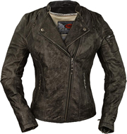 LC193 Ladies Distress Leather Motorcycle Jacket with Crossover Collar and Utility Zipper Pocket on Left Sleeve