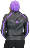 LC6555 Women's Motorcycle Leather Jacket with Removable Purple Hoodie, Purple Accesnts  Back View