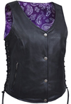 LV6890 Ladies Leather Vest with Purple Paisley Inside Liner Panel Front View2
