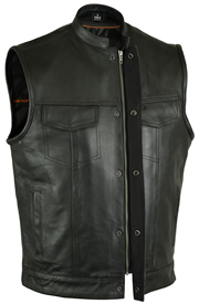 V188Z Men’s Leather Club Vest with Square Finish Mandarin Collar and Hidden Snaps and Zipper and Two Gun Pockets
