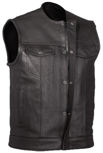 V639 Mens Leather Club Vest with Short Mandarin Collar and Hidden Snaps and Zipper Larger View